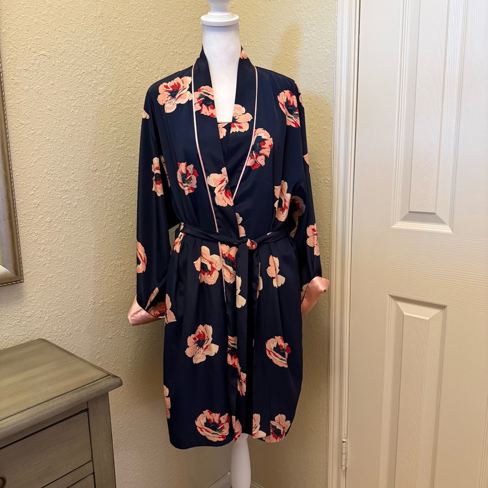 Josie by Natori Vintage Navy Peach Floral Satin Short Gown Kimono Robe Set S